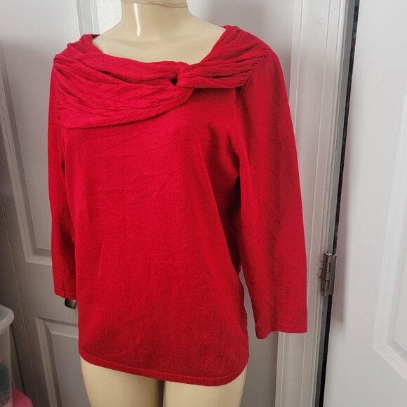 Adrienne Vittadini Red Faux Scarf Collar Fine Gauge Sweater - Picture 5 of 11